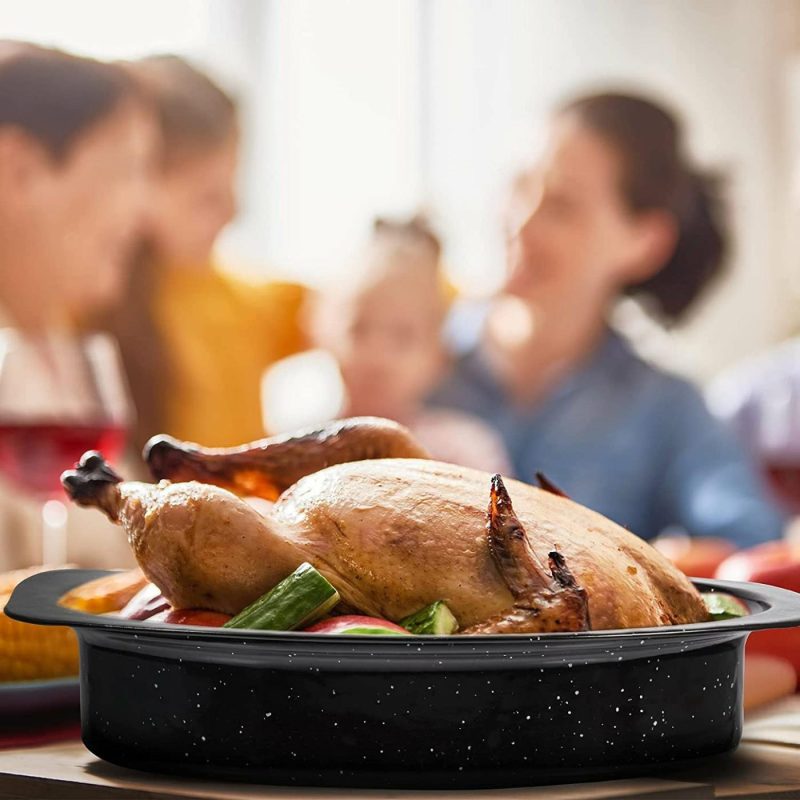 Cookware |  Granite Roaster Pan Thanksgiving 13 Inch Multi Use Oval Roaster With Lid Small Granite Roaster Pot For Turkey, Small Chicken, Roast Baking Pan, Black Speckled Enamel Cookware, Roast 7 Lb Birds Cookware Cookware