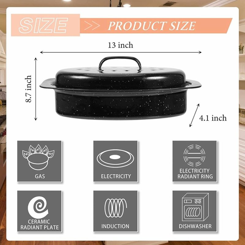 Cookware |  Granite Roaster Pan Thanksgiving 13 Inch Multi Use Oval Roaster With Lid Small Granite Roaster Pot For Turkey, Small Chicken, Roast Baking Pan, Black Speckled Enamel Cookware, Roast 7 Lb Birds Cookware Cookware