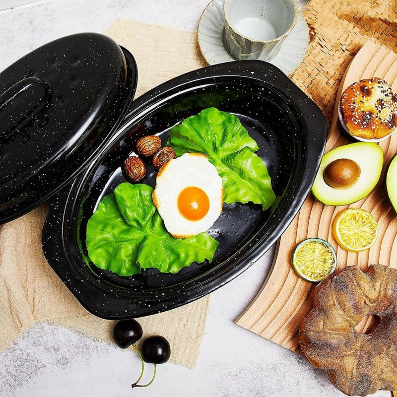 Cookware |  Granite Roaster Pan Thanksgiving 13 Inch Multi Use Oval Roaster With Lid Small Granite Roaster Pot For Turkey, Small Chicken, Roast Baking Pan, Black Speckled Enamel Cookware, Roast 7 Lb Birds Cookware Cookware