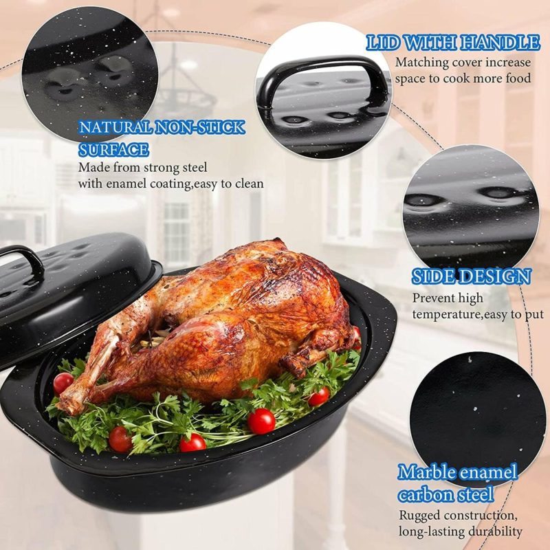 Cookware |  Granite Roaster Pan Thanksgiving 13 Inch Multi Use Oval Roaster With Lid Small Granite Roaster Pot For Turkey, Small Chicken, Roast Baking Pan, Black Speckled Enamel Cookware, Roast 7 Lb Birds Cookware Cookware