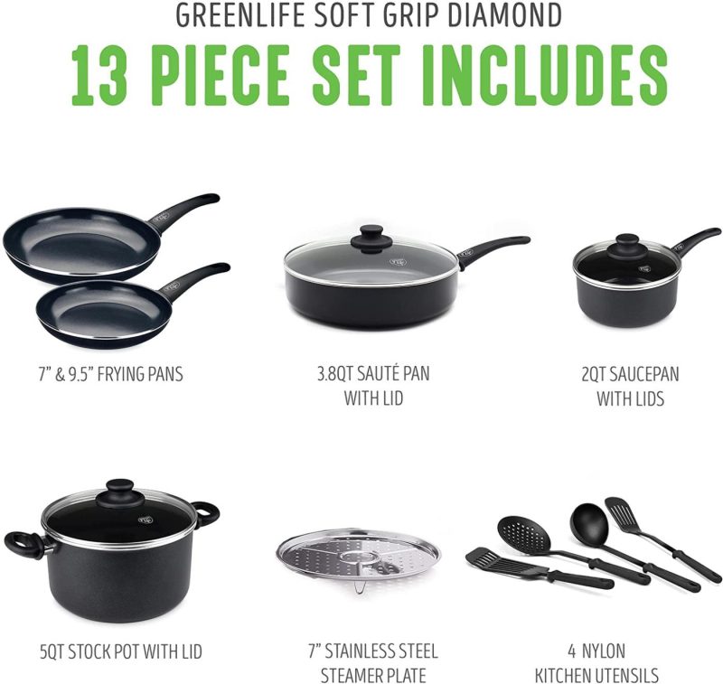 Cookware |  Greenlife Soft Grip Diamond Healthy Ceramic Nonstick, Cookware Pots And Pans Set, 13 Piece, Black Cookware black