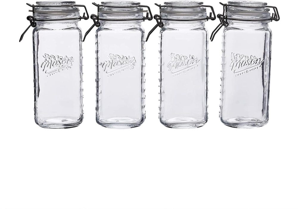 Cookware |  Mason Craft & More Airtight Kitchen Food Storage Clear Glass Clamp Jars, 4 Pack Of 22 Ounce (0.65 Liter) Mini Clamp Jar Cookware Clear