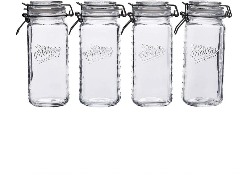 Cookware |  Mason Craft & More Airtight Kitchen Food Storage Clear Glass Clamp Jars, 4 Pack Of 22 Ounce (0.65 Liter) Mini Clamp Jar Cookware Clear