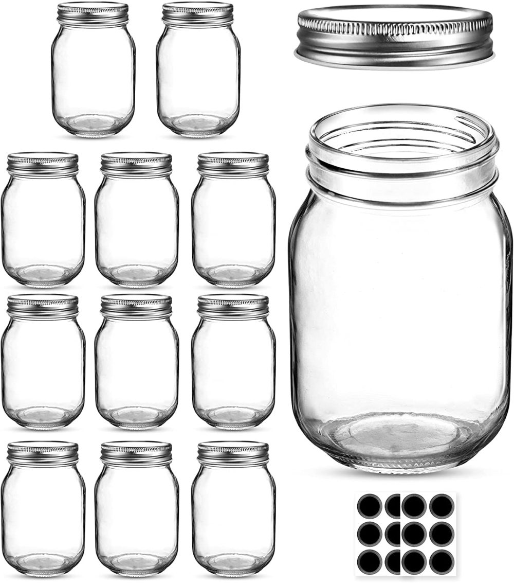 Cookware |  Mason Jars 16 Oz, Aiviki 12 Pack Regular Mouth Glass Canning Jars With Silver Metal Airtight Lids And Bands For Sealing, Canning, Dry Food, Preserving, Jam, Honey, Jelly, Meal Prep, Overnight Oats, Food Storage, Salads, 12 Whiteboard Labels Included Cookware 12