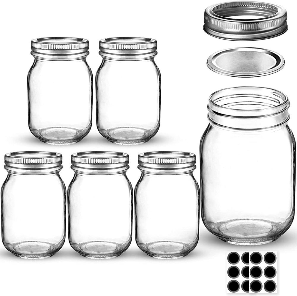 Cookware |  Mason Jars 16 Oz, Aiviki Glass Regular Mouth Canning Jars With Silver Metal Airtight Lids And Bands For Canning, Jam, Honey, Wedding Favors, Shower Favors, Baby Foods, Food Storage, Overnight Oats, Dry Food, Snacks, Candies, 6 Pack 12 Whiteboard Labels Cookware 6