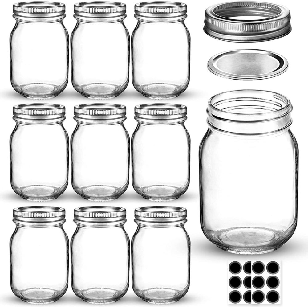 Cookware |  Mason Jars 16 Oz, Aiviki Glass Regular Mouth Canning Jars With Silver Metal Airtight Lids And Bands For Canning, Jam, Honey, Wedding Favors, Shower Favors, Baby Foods, Food Storage, Overnight Oats, Dry Food, Snacks, Candies, 10 Pack 12 Whiteboard Labels Cookware 10