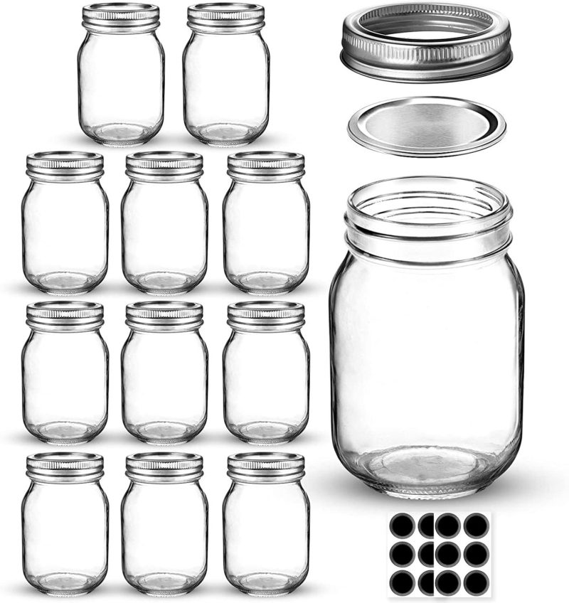 Cookware |  Mason Jars 16 Oz, Aiviki Glass Regular Mouth Canning Jars With Silver Metal Airtight Lids And Bands For Canning, Jam, Honey, Wedding Favors, Shower Favors, Baby Foods, Food Storage, Overnight Oats, Dry Food, Snacks, Candies, 12 Pack 12 Whiteboard Labels Cookware 12