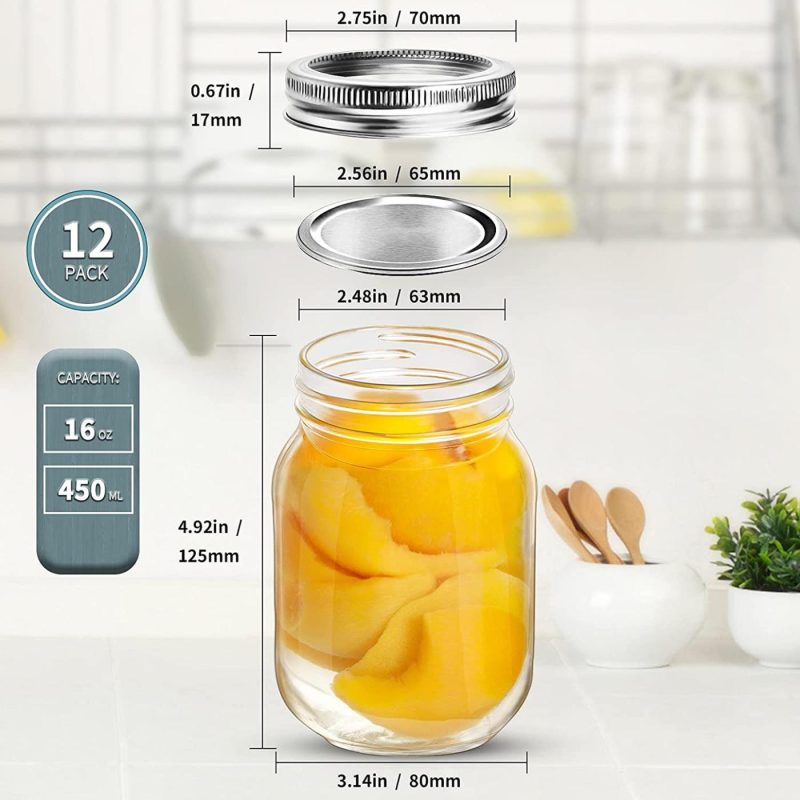 Cookware |  Mason Jars 16 Oz, Aiviki Glass Regular Mouth Canning Jars With Silver Metal Airtight Lids And Bands For Canning, Jam, Honey, Wedding Favors, Shower Favors, Baby Foods, Food Storage, Overnight Oats, Dry Food, Snacks, Candies, 12 Pack 12 Whiteboard Labels Cookware 12