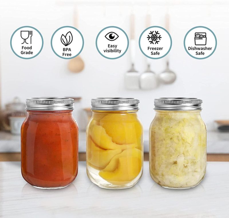 Cookware |  Mason Jars 16 Oz, Aiviki Glass Regular Mouth Canning Jars With Silver Metal Airtight Lids And Bands For Canning, Jam, Honey, Wedding Favors, Shower Favors, Baby Foods, Food Storage, Overnight Oats, Dry Food, Snacks, Candies, 12 Pack 12 Whiteboard Labels Cookware 12