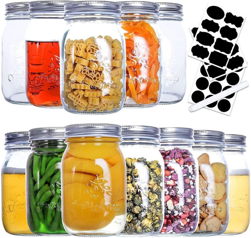 Cookware |  Mason Jars 16 Oz,12 Pack Regular Mouth Glass Jars For Sealing, Meal Prep, Jam, Honey, Overnight Oats, Food Storage, Canning, Preserving, Drinking, Diy Decors And Projects, Canning Jars With Silver Airtight Lids, Glass Storage Jars Cookware Cookware