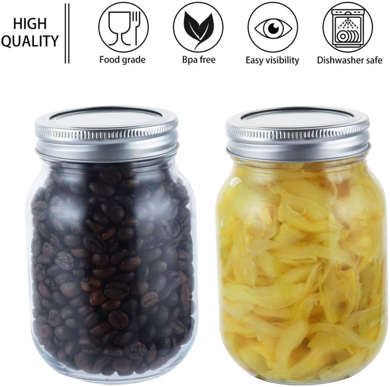 Cookware |  Mason Jars 16Oz With Airtight Lids Glass Regular Mouth Large Pint Canning Ideal For Jam, Honey, Wedding Favors, Meal Prep, Food Storage, Canning, Drinking, Dry Food, Spices, Salads(16Oz) Cookware Cookware