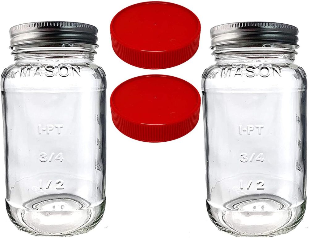 Cookware |  Mason Jars 24Oz – Regular Mouth Mason Storage Jars With Lids (Set Of 2) Made In The Usa – Mason Jars With Plastic Mason Jar Lids (24 Ounce, Red) Cookware Cookware