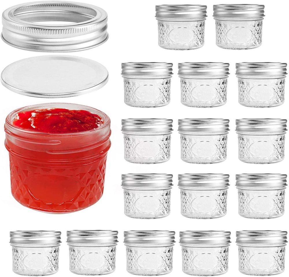 Cookware |  Mini Mason Jars, 4 Oz 16 Pack Regular Mouth Small Mason Jar With Lids And Bands, Quilted Crystal Style Glass Canning Jars – Silver Lids Cookware CDILOGO