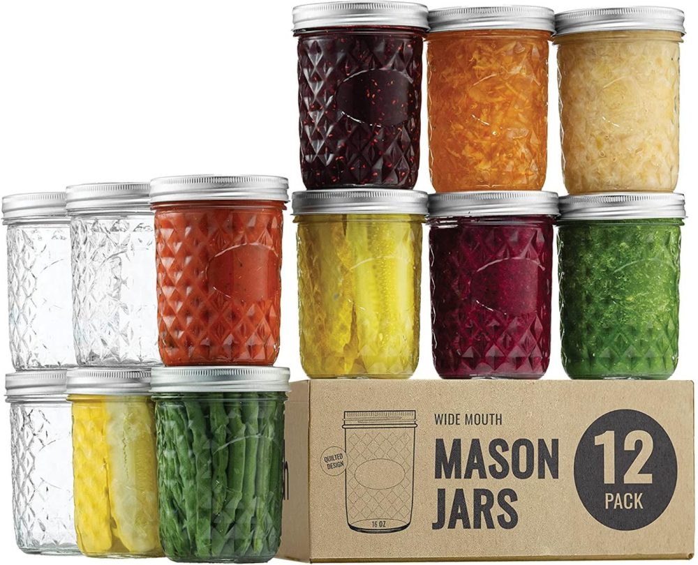 Cookware |  Quilted Wide Mouth Glass Mason Jars – 16-Ounce (12-Pack) Canning Jars With Lids And Bands, Chalkboard Labels, For Canning, Preserving, Pickling, Meal Prep, Jam, Jelly, Overnight Oats, Dishwasher Safe Cookware 12