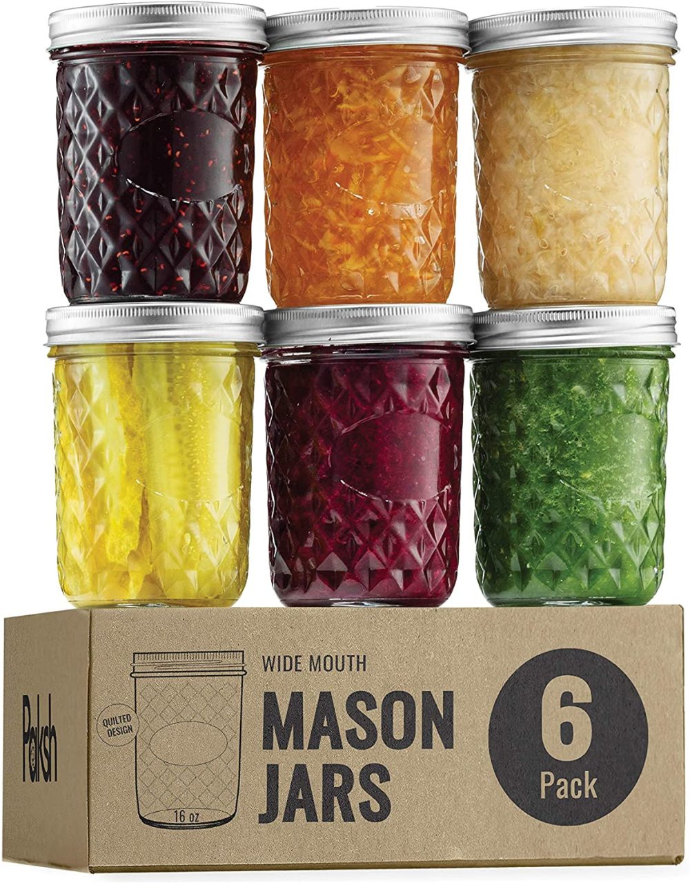 Cookware |  Quilted Wide Mouth Glass Mason Jars – 16-Ounce (6-Pack) Canning Jars With Lids And Bands, Chalkboard Labels, For Canning, Preserving, Pickling, Meal Prep, Jam, Jelly, Overnight Oats, Dishwasher Safe Cookware 6