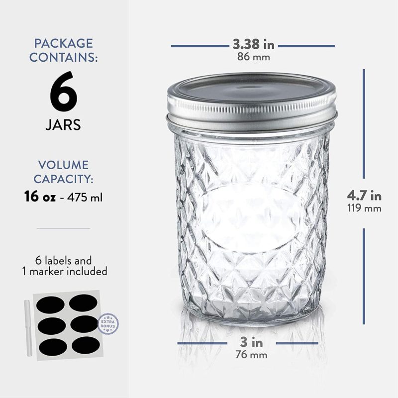 Cookware |  Quilted Wide Mouth Glass Mason Jars – 16-Ounce (6-Pack) Canning Jars With Lids And Bands, Chalkboard Labels, For Canning, Preserving, Pickling, Meal Prep, Jam, Jelly, Overnight Oats, Dishwasher Safe Cookware 6