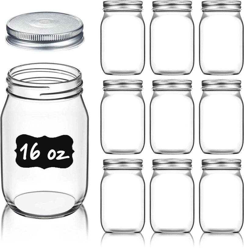 Cookware |  Regular-Mouth Glass Mason Jars, 16-Ounce (10-Pack) Canning Jars With Silver Metal Airtight Lids For Meal Prep, Food Storage, Canning, Jelly, Dry Food, Spices, Salads, Yogurt With Chalkboard Labels Set Cookware 10