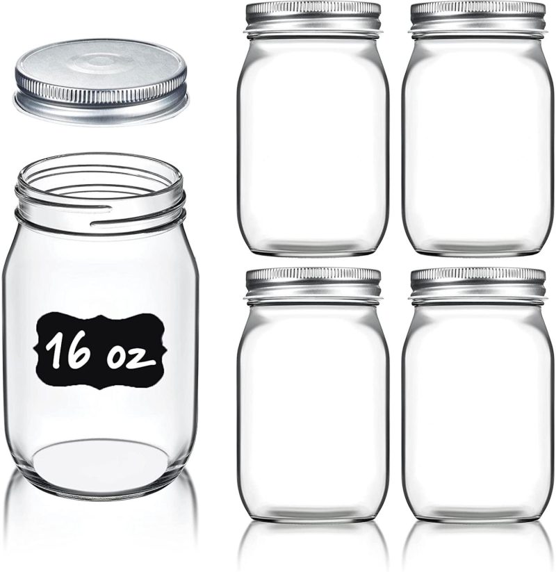 Cookware |  Regular-Mouth Glass Mason Jars, 16-Ounce (10-Pack) Canning Jars With Silver Metal Airtight Lids For Meal Prep, Food Storage, Canning, Jelly, Dry Food, Spices, Salads, Yogurt With Chalkboard Labels Set Cookware 10