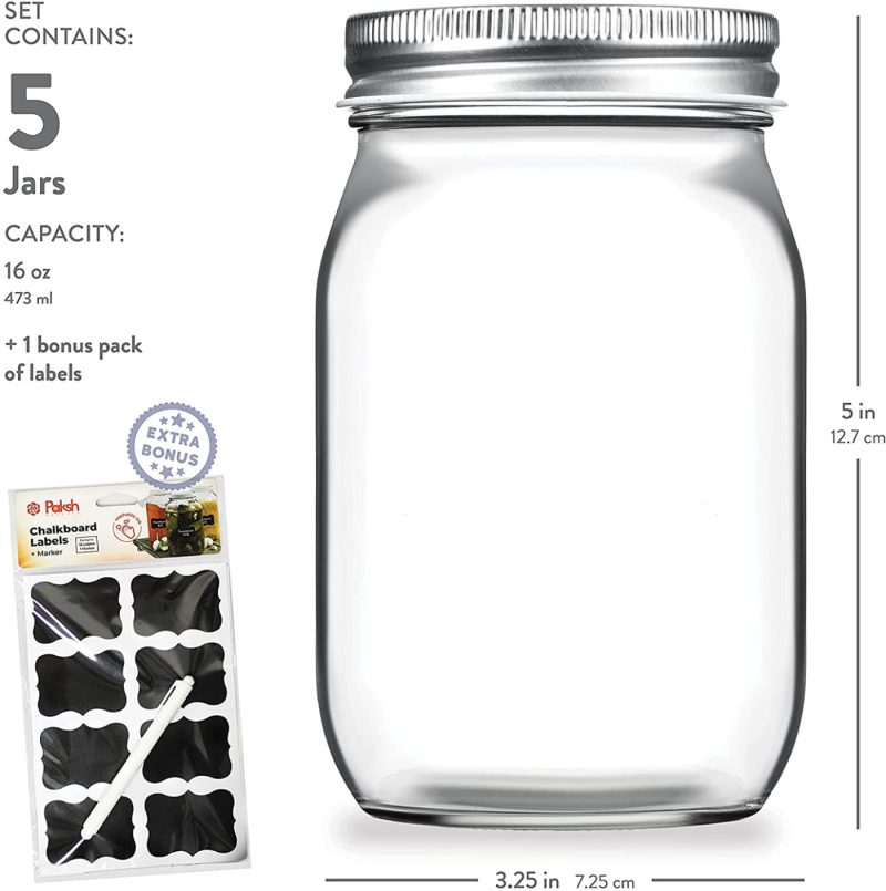 Cookware |  Regular-Mouth Glass Mason Jars, 16-Ounce (10-Pack) Canning Jars With Silver Metal Airtight Lids For Meal Prep, Food Storage, Canning, Jelly, Dry Food, Spices, Salads, Yogurt With Chalkboard Labels Set Cookware 10