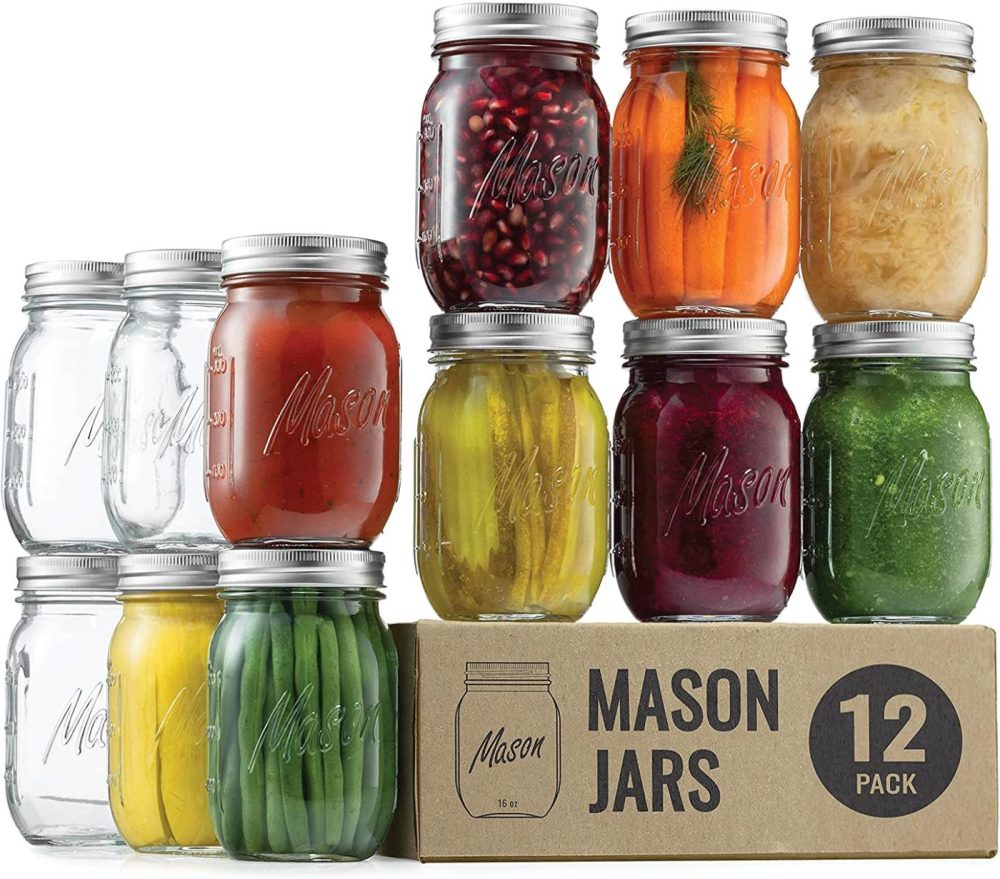 Cookware |  Regular-Mouth Glass Mason Jars, 16-Ounce (12-Pack) Glass Canning Jars With Silver Metal Airtight Lids And Bands With Measurement Marks, For Canning, Preserving, Meal Prep, Overnight Oats, Jam, Jelly Cookware 12