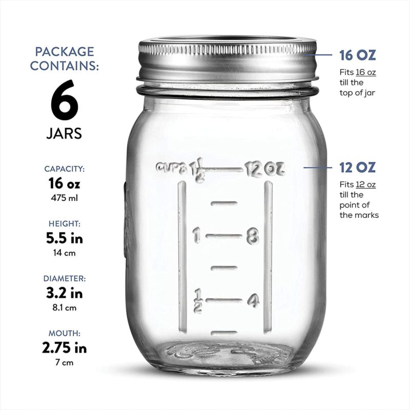 Cookware |  Regular-Mouth Glass Mason Jars, 16-Ounce (12-Pack) Glass Canning Jars With Silver Metal Airtight Lids And Bands With Measurement Marks, For Canning, Preserving, Meal Prep, Overnight Oats, Jam, Jelly Cookware 12