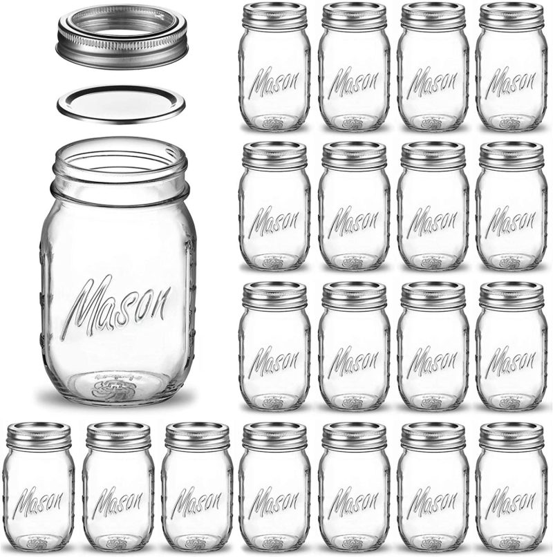 Cookware |  Regular-Mouth Glass Mason Jars, 16-Ounce (20-Pack) Glass Canning Jars With Silver Metal Airtight Lids And Bands With Measurement Marks, For Canning, Preserving, Meal Prep, Overnight Oats, Jam, Jelly, Cookware 20