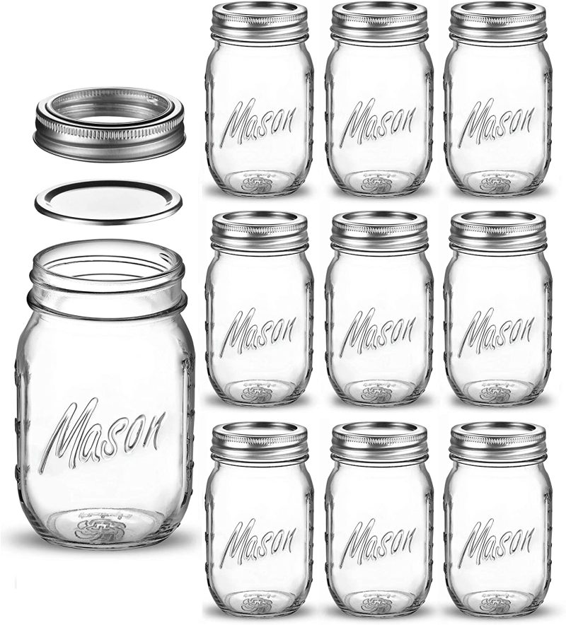 Cookware |  Regular-Mouth Glass Mason Jars, 16-Ounce (20-Pack) Glass Canning Jars With Silver Metal Airtight Lids And Bands With Measurement Marks, For Canning, Preserving, Meal Prep, Overnight Oats, Jam, Jelly, Cookware 20