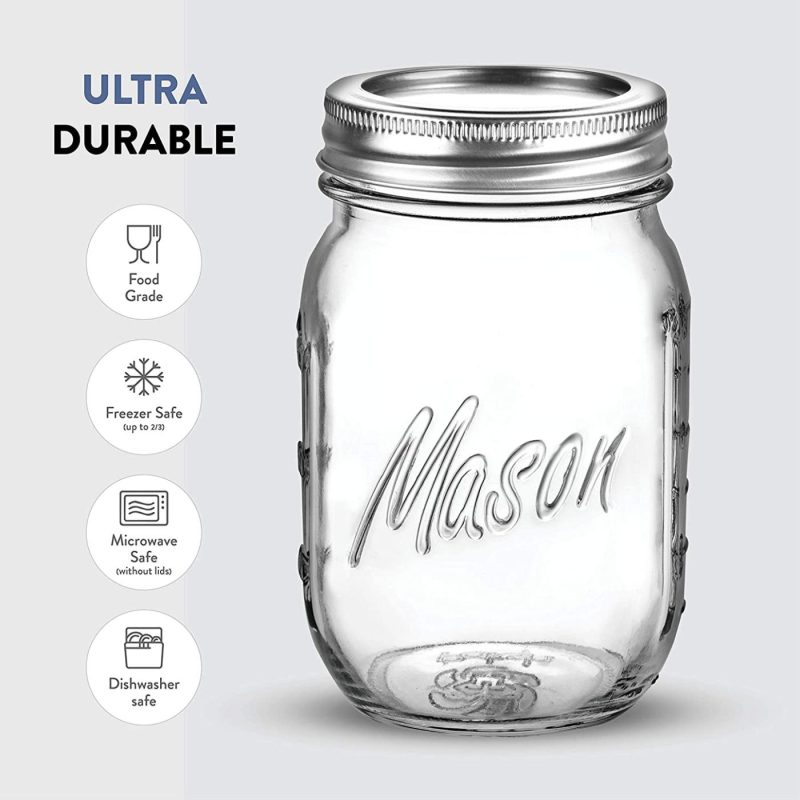 Cookware |  Regular-Mouth Glass Mason Jars, 16-Ounce (20-Pack) Glass Canning Jars With Silver Metal Airtight Lids And Bands With Measurement Marks, For Canning, Preserving, Meal Prep, Overnight Oats, Jam, Jelly, Cookware 20