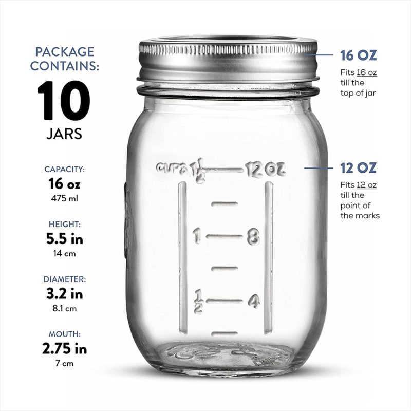 Cookware |  Regular-Mouth Glass Mason Jars, 16-Ounce (20-Pack) Glass Canning Jars With Silver Metal Airtight Lids And Bands With Measurement Marks, For Canning, Preserving, Meal Prep, Overnight Oats, Jam, Jelly, Cookware 20