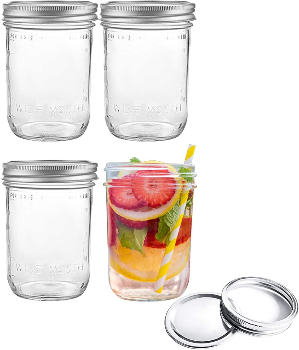 Cookware |  Set Of 4 Mason Jars With Lids Wide Mouth Canning Glass Storage Jars For Food Coffee (480Ml/16Oz) Cookware Agyvvt