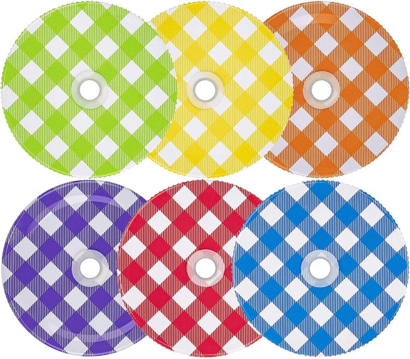 Cookware |  Southern Homewares Gingham Checkered Pattern Mason Jar Lids W/ Hole For Straws Perfect Gift Or Party Favor Set 6 Cookware Cookware