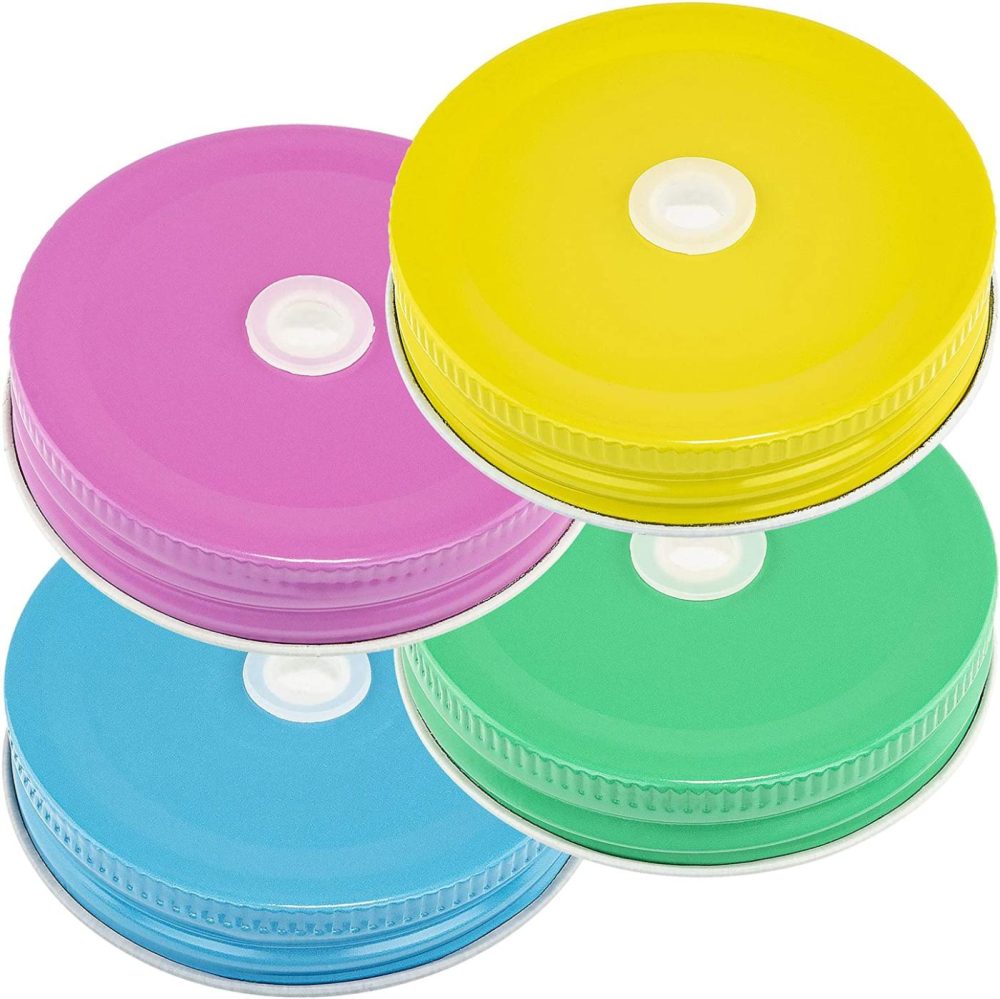 Cookware |  Southern Homewares Pastel Colored Mason Jar Lids With Hole Set Of 4 Jar Lids Kids Colorful Jar Lids With Drinking Straw Holes Cookware Cookware