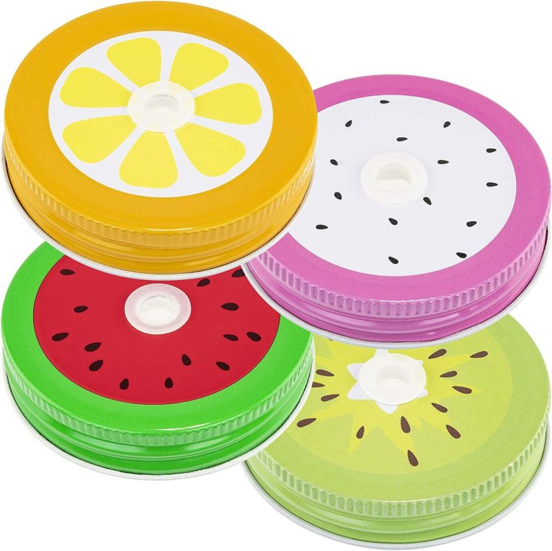 Cookware |  Southern Homewares Pastel Colored Mason Jar Lids With Hole Set Of 4 Jar Lids Kids Colorful Jar Lids With Drinking Straw Holes Cookware Cookware