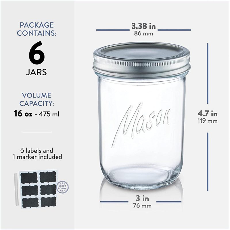 Cookware |  Wide-Mouth Glass Mason Jars, 16-Ounce (6-Pack) Glass Canning Jars With Silver Metal Airtight Lids And Bands With Chalkboard Labels, For Canning, Preserving, Meal Prep, Overnight Oats, Jam, Jelly Cookware 6