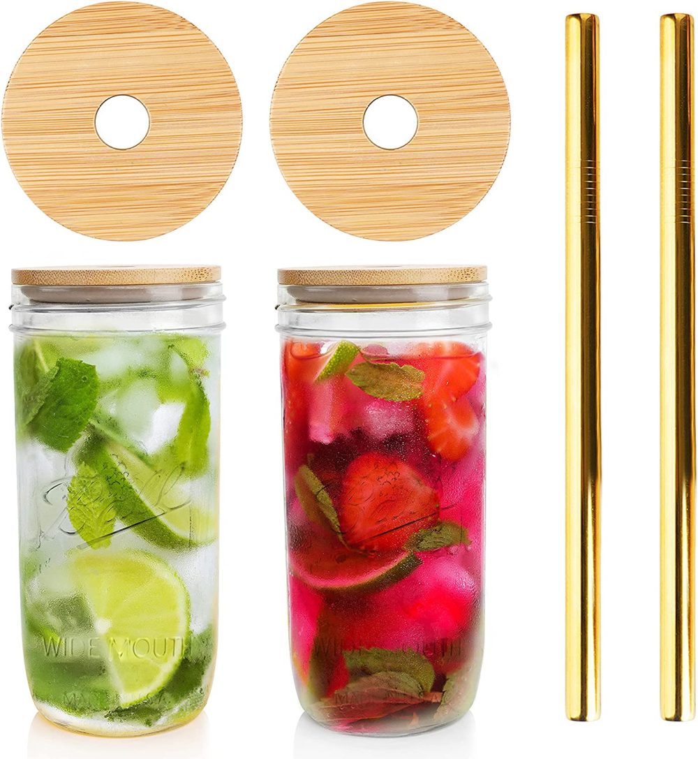 Cookware |  Wide Mouth Mason Jar Lids, Mason Jar Drinking Glasses 24 Oz, Set Of 2 Mason Jar Cups With Lids And Straws, For Jam, Juices, Honey, Cocktail, Diy Spice Jars Cookware CDILOGO