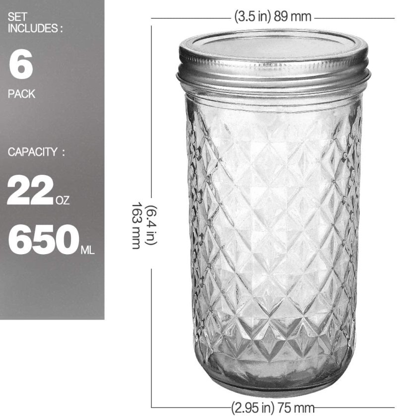 Cookware |  Wide Mouth Mason Jars 22 Oz, Verones 22 Oz Mason Jars Canning Jars Jelly Jars With Wide Mouth Lids, Ideal For Jam, Honey, Wedding Favors, Shower Favors, Baby Foods, 6 Pack,Extra 6 Lids With Straw Hole Cookware Cookware