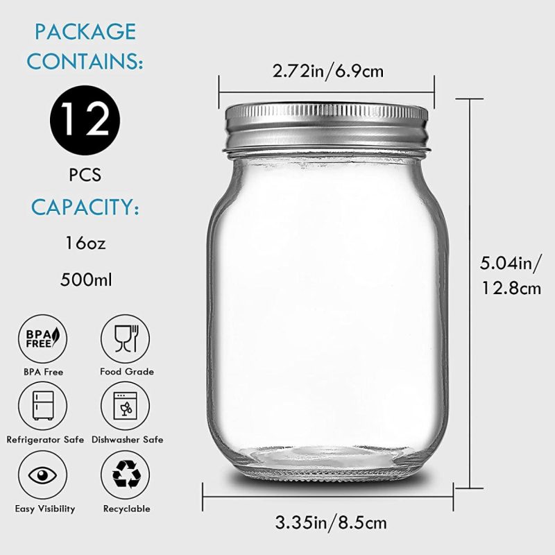 Cookware |  Yeboda 16 Oz Mason Jars With Airtight Lids And Bands 12 Pack Glass Canning Jars For Preserving, Meal Prep, Overnight Oats, Jam, Jelly, Jams, Spice, Salads, Yogurt, Sauces, Wedding Favors Cookware Cookware