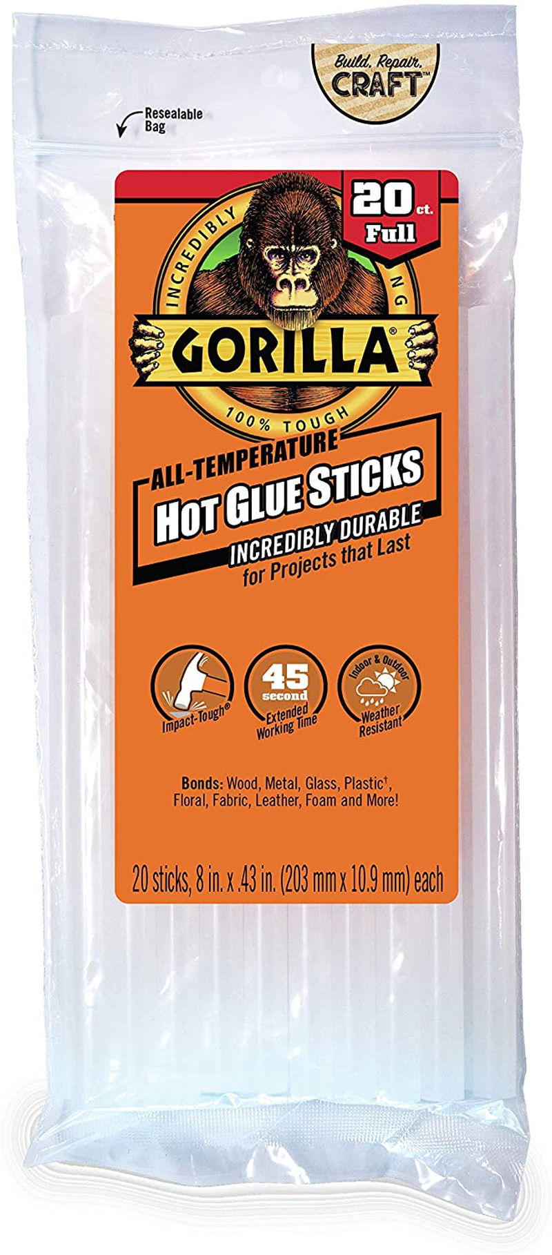 Craft Supplies |  Gorilla Hot Glue Sticks, Full Size, 8" Long X .43" Diameter, 20 Count, Clear, (Pack Of 1) Arts, Crafts & Sewing Craft Supplies