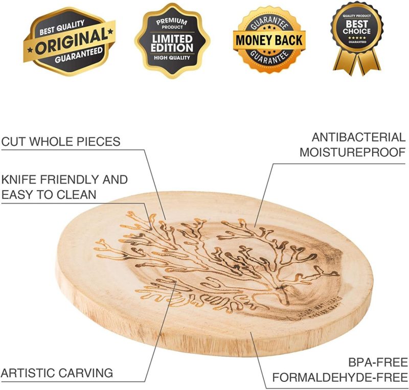 Cutlery & Knife Accessories |  Home Naturals Hand Craft Cutting Board With Coral Carving, Thailand Sustainable Acacia Wood Chopping Board For Meat, Cheese & Vegetables | Food Prep & Serving Tray 12.4" X 12.4" Cutlery & Knife Accessories Cutlery & Knife Accessories