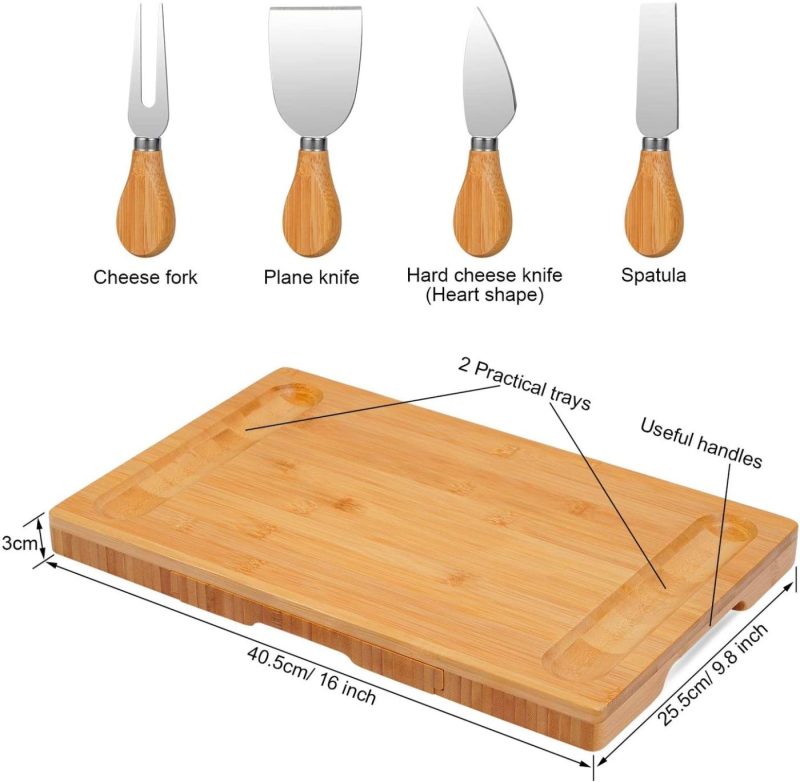 Dining & Entertaining |  Bamboo Cheese Board Cheese Platter With Utensils Set And 4 Stainless Steel Cutting Knives Cracker And Meat Serving Tray For Display, Decorations, Cheese Lovers, Gift Idea Dining & Entertaining Dining & Entertaining