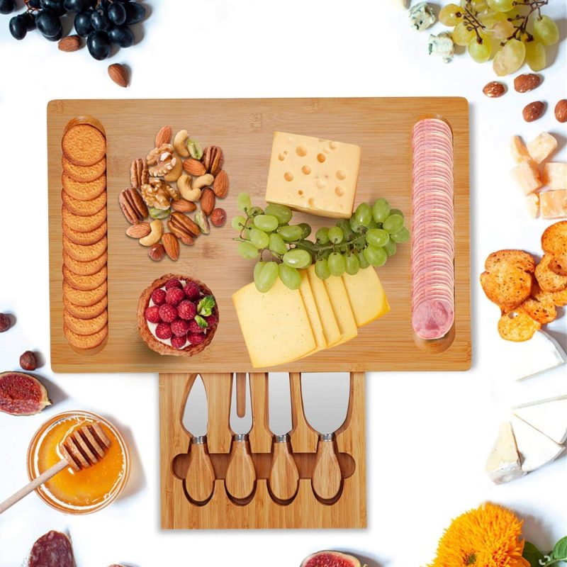 Dining & Entertaining |  Bamboo Cheese Board Cheese Platter With Utensils Set And 4 Stainless Steel Cutting Knives Cracker And Meat Serving Tray For Display, Decorations, Cheese Lovers, Gift Idea Dining & Entertaining Dining & Entertaining