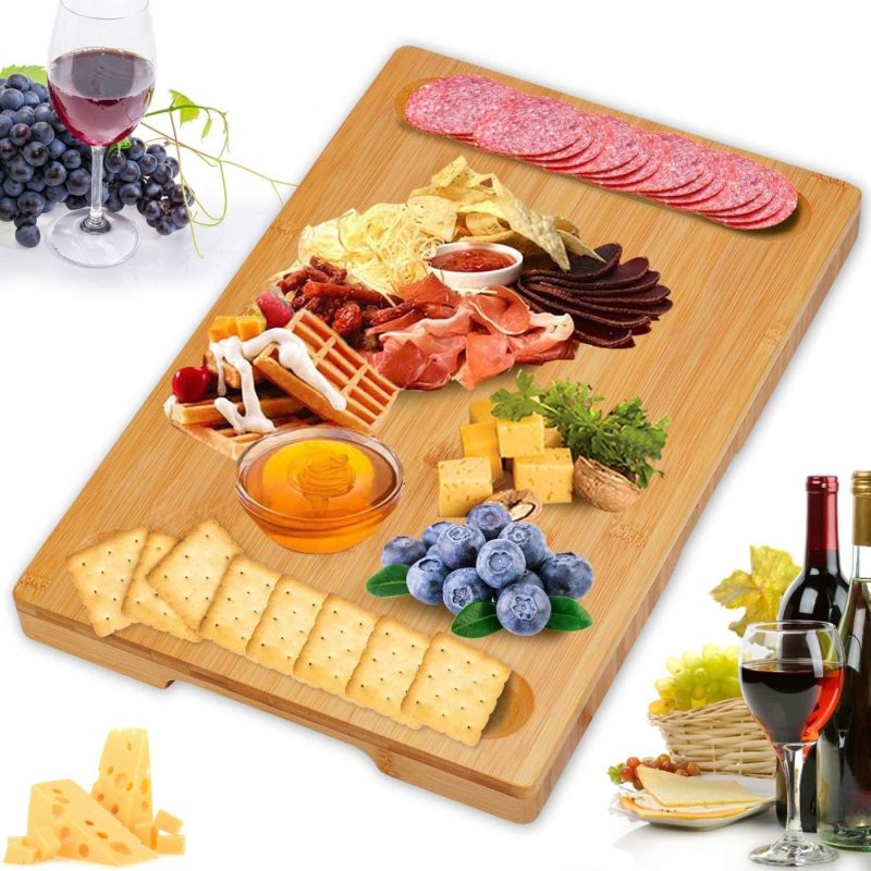 Dining & Entertaining |  Bamboo Cheese Board Cheese Platter With Utensils Set And 4 Stainless Steel Cutting Knives Cracker And Meat Serving Tray For Display, Decorations, Cheese Lovers, Gift Idea Dining & Entertaining Dining & Entertaining