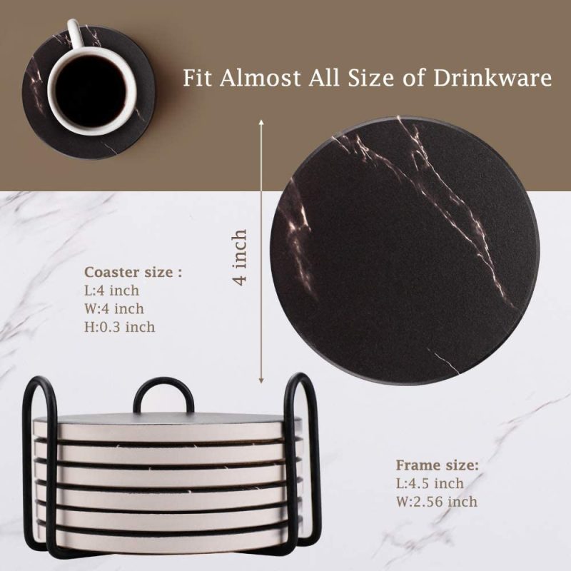 Dining & Entertaining |  Coasters For Drinks, Absorbent Ceramic Stone Coaster Set With Metal Holder Stand, Cork Base, Marble Surface Pattern, Cups Place Mats For Home Decor, Set Of 6 – Gray Bar Tools & Drinkware Bar Tools & Drinkware