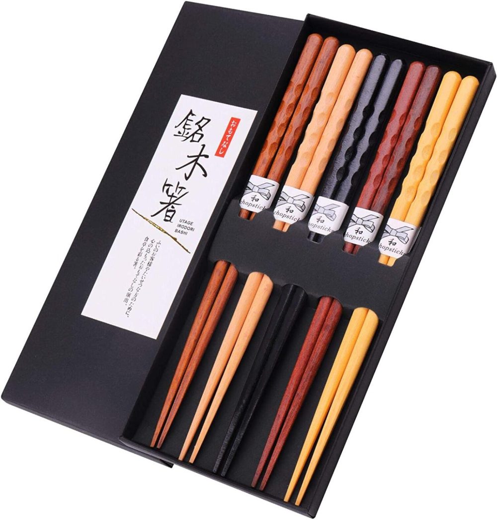 Dining & Entertaining |  Glamfields Reusable Chopsticks Japanese Natural Wooden 5 Pairs Classic Style Lightweight Hand-Carved Safe Chop Sticks 8.8 Inch/22.5Cm Gift Set Dining & Entertaining brown