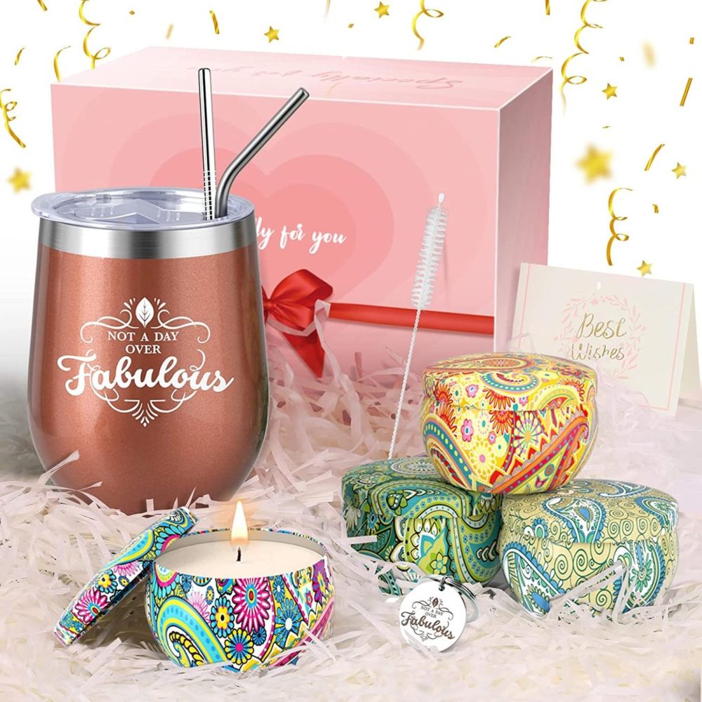 Dining & Entertaining |  Mothers Day Gifts Candle Tumbler, Birthday Gifts For Best Friends Mom Sister, Insulated Wine Tumbler With Lid 4 Scented Candles Set, Birthday Gifts Box For Her With Wine Tumbler Gift Set Bar Tools & Drinkware Bar Tools & Drinkware