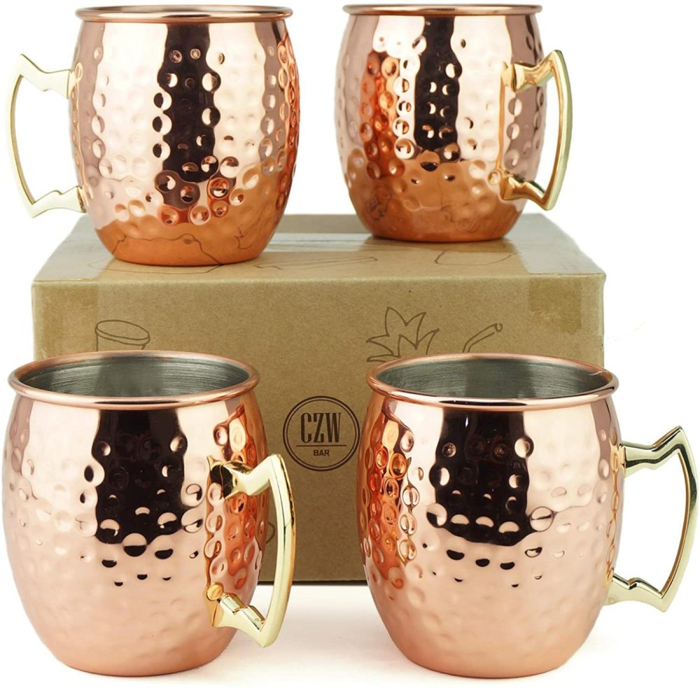 Dining & Entertaining |  Pg Moscow Mule Mugs | Large Size 19 Ounces | Set Of 4 Hammered Cups | Stainless Steel Lining | Pure Copper Plating | Gold Brass Handles | 3.7 Inches Diameter X 4 Inches Tall Bar Tools & Drinkware Bar Tools & Drinkware