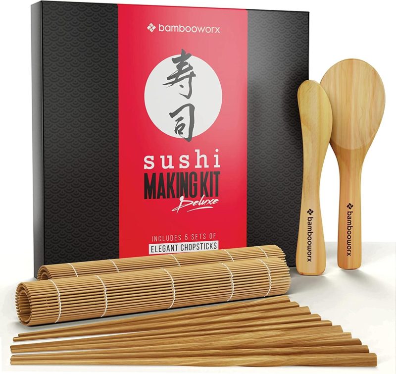 Dining & Entertaining |  Sushi Making Kit Deluxe – Includes 2 Bamboo Sushi Rolling Mats, Rice Spreader, Rice Paddle, 5 Pairs Chopsticks – 100% Bamboo Home Sushi Maker Kit For Beginners – Great Gift Idea For Chef – Roller Mat Dining & Entertaining BAMBOOWORX