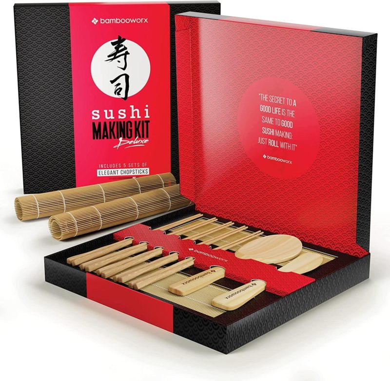 Dining & Entertaining |  Sushi Making Kit Deluxe – Includes 2 Bamboo Sushi Rolling Mats, Rice Spreader, Rice Paddle, 5 Pairs Chopsticks – 100% Bamboo Home Sushi Maker Kit For Beginners – Great Gift Idea For Chef – Roller Mat Dining & Entertaining BAMBOOWORX