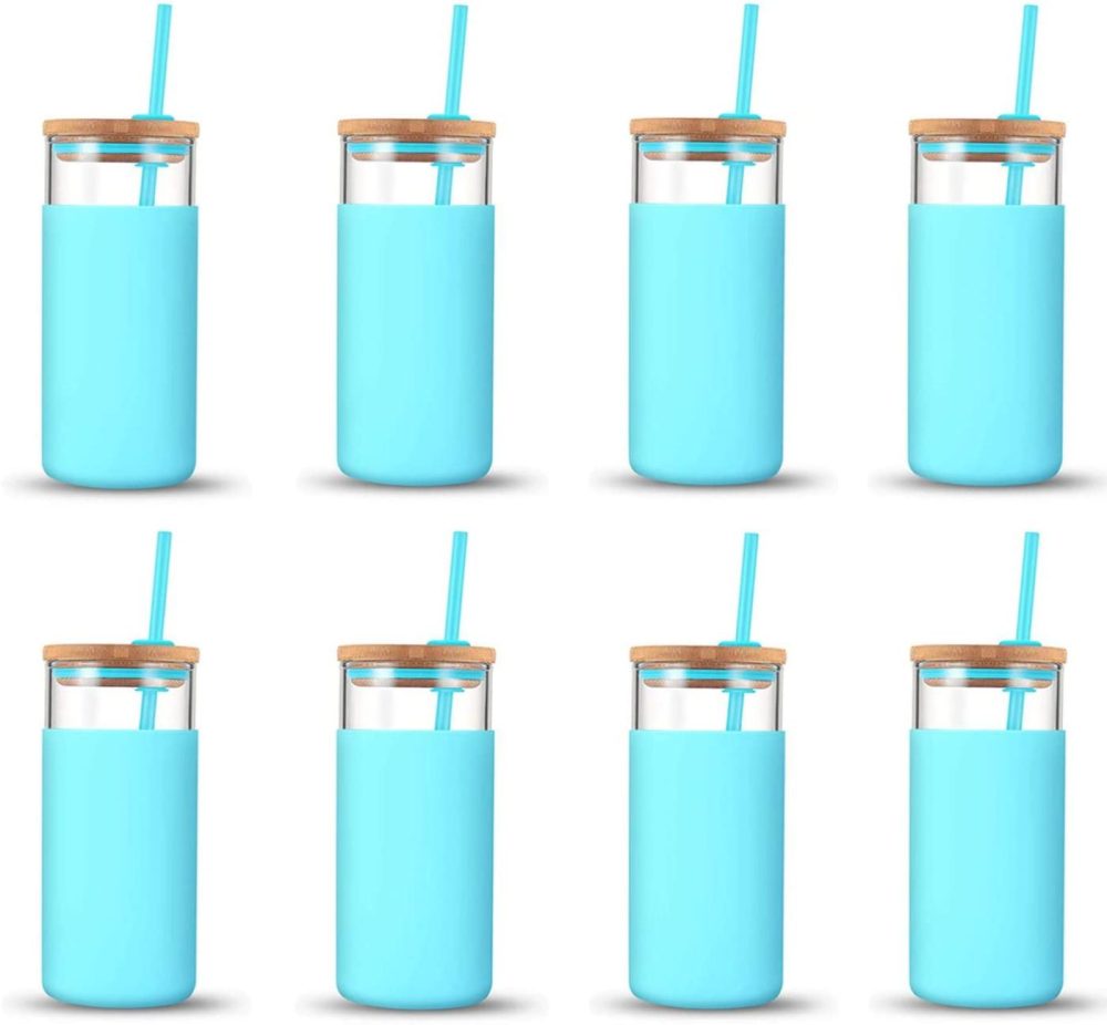 Dining & Entertaining |  Tronco 20Oz Glass Tumbler Glass Water Bottle Straw Silicone Protective Sleeve Bamboo Lid – Bpa Free (Cape Cod Blue/ 8-Pack) Bar Tools & Drinkware Bar Tools & Drinkware