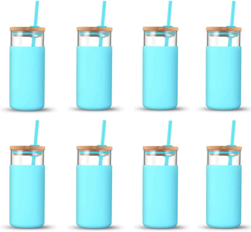 Dining & Entertaining |  Tronco 20Oz Glass Tumbler Glass Water Bottle Straw Silicone Protective Sleeve Bamboo Lid – Bpa Free (Cape Cod Blue/ 8-Pack) Bar Tools & Drinkware Bar Tools & Drinkware